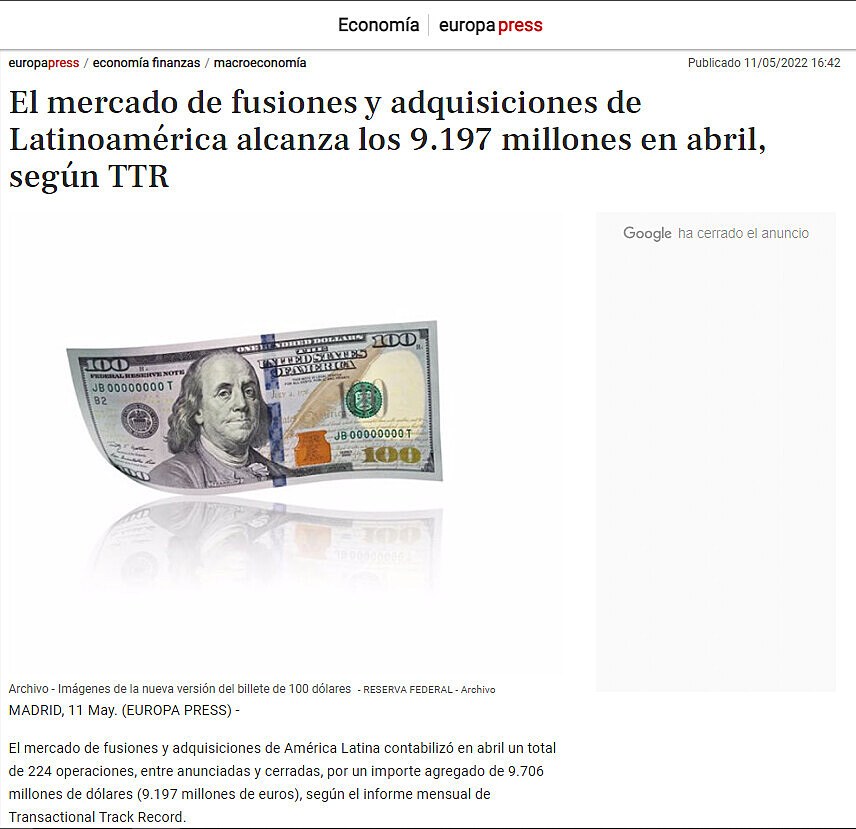 El mercado de fusiones y adquisiciones de Latinoamrica alcanza los 9.197 millones en abril, segn TTR